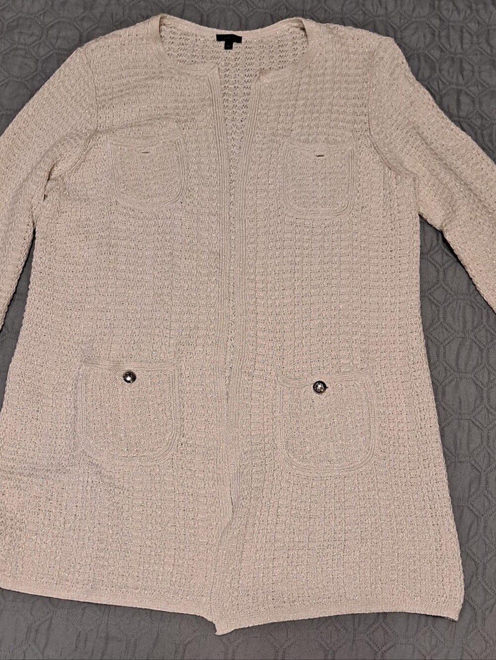 Talbots Off White Sparkly  Knit Open-Front Women's Sweater Cardigan Sz L